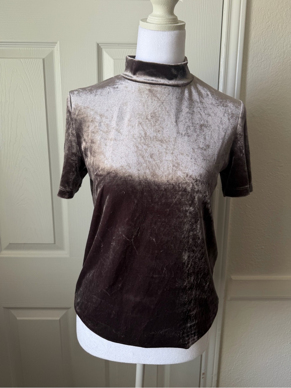 Zara Gray Velvet Mock Neck Short Sleeve Top Size Small